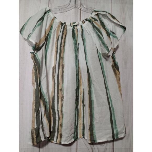 Caslon Shirt Ladies Large White Green Striped Off Shoulder Semi Sheer - Picture 1 of 8